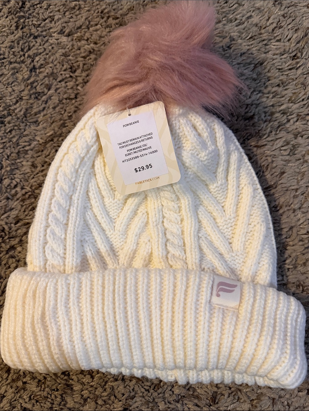Fabletics Cream Cable Knit Pom Beanie with Pink Faux Fur Pom